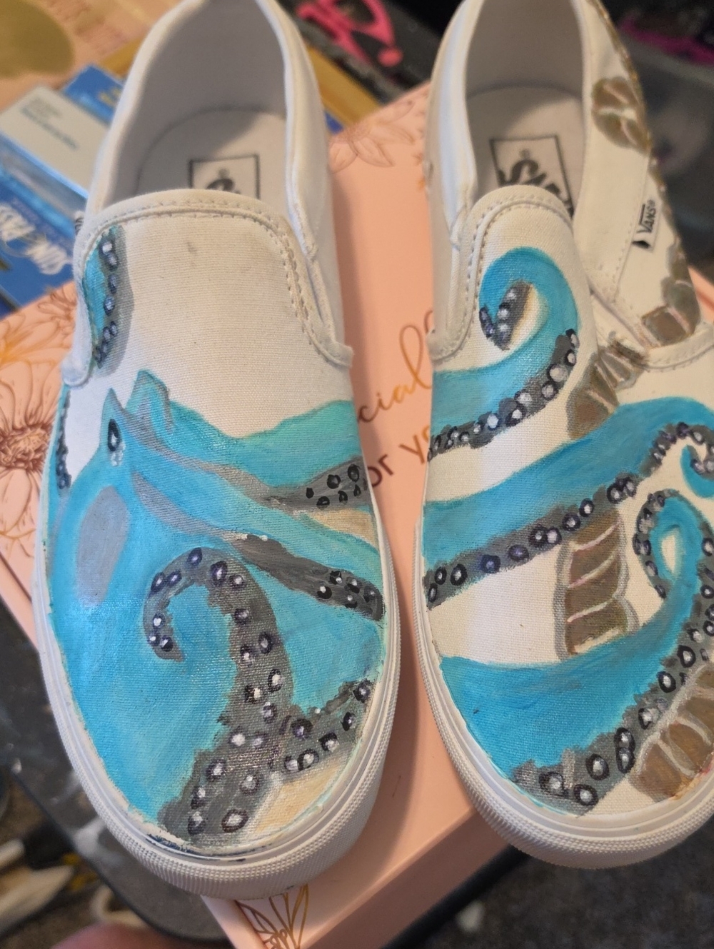 Vans Women's White Canvas Slip-Ons with Hand-Painted Teal Octopus Design Sz 11